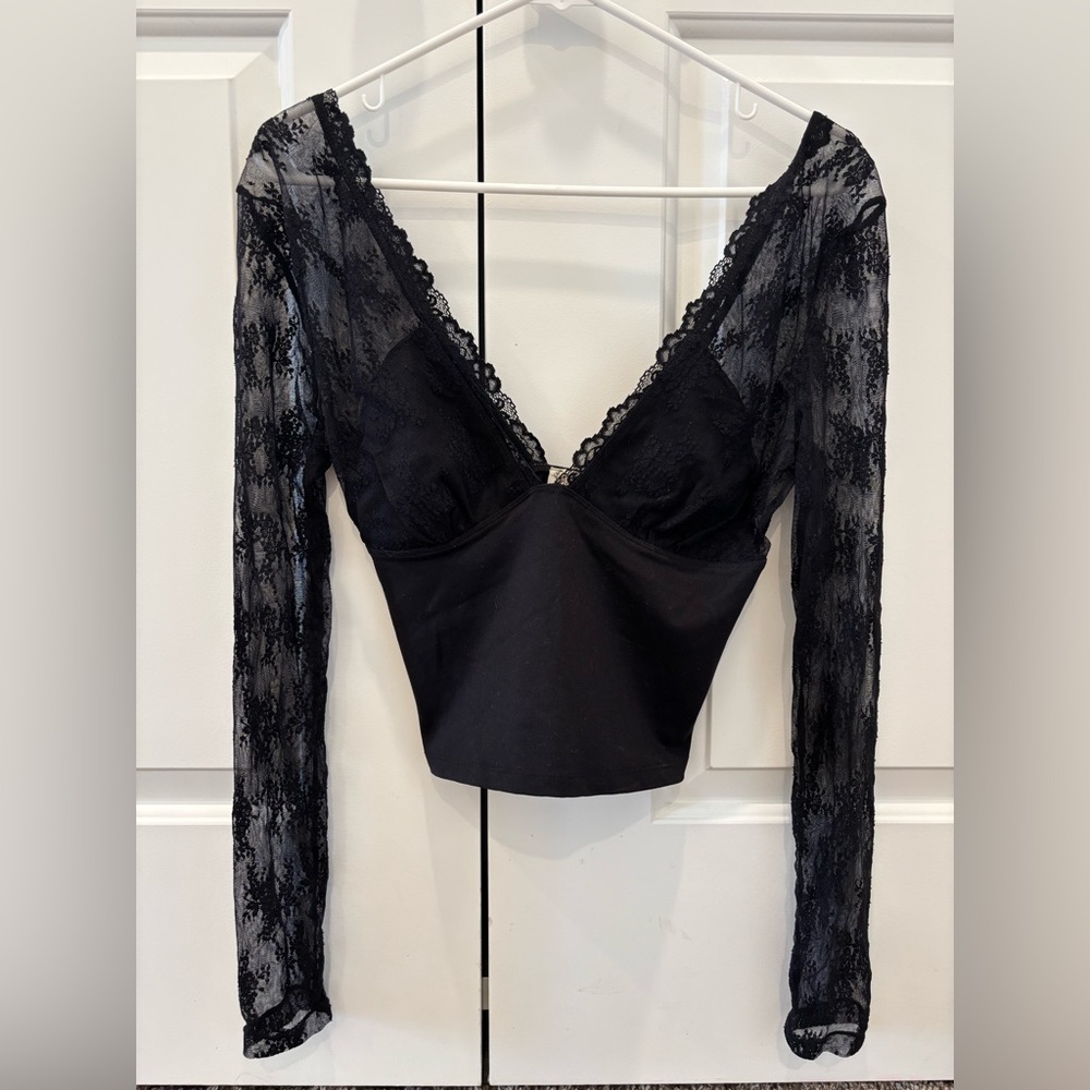 Free People Black Lace Long Sleeve Top